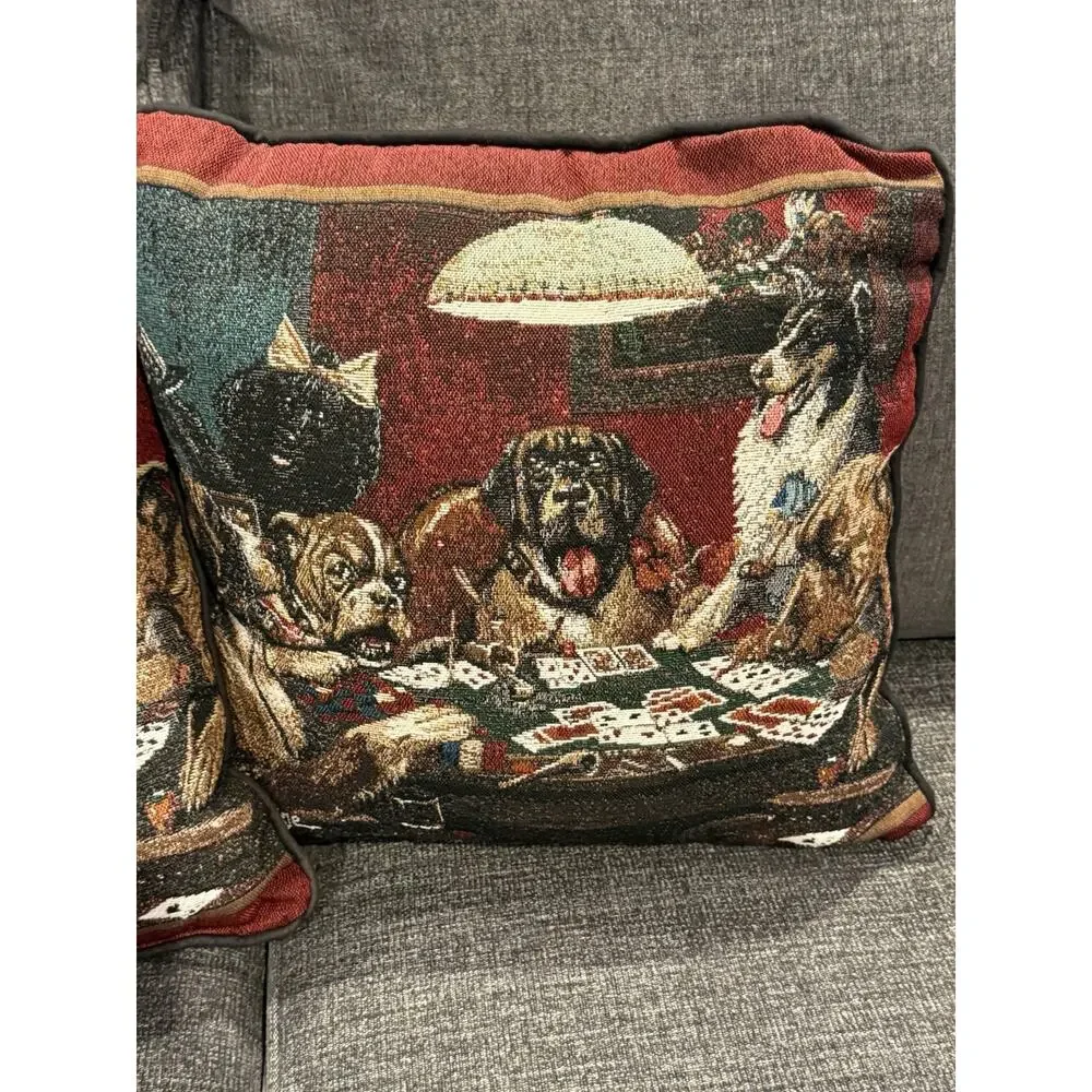 Two Tapestry Novelty Pillows “Dogs Playing Poker” Signed Man Cave Game Night